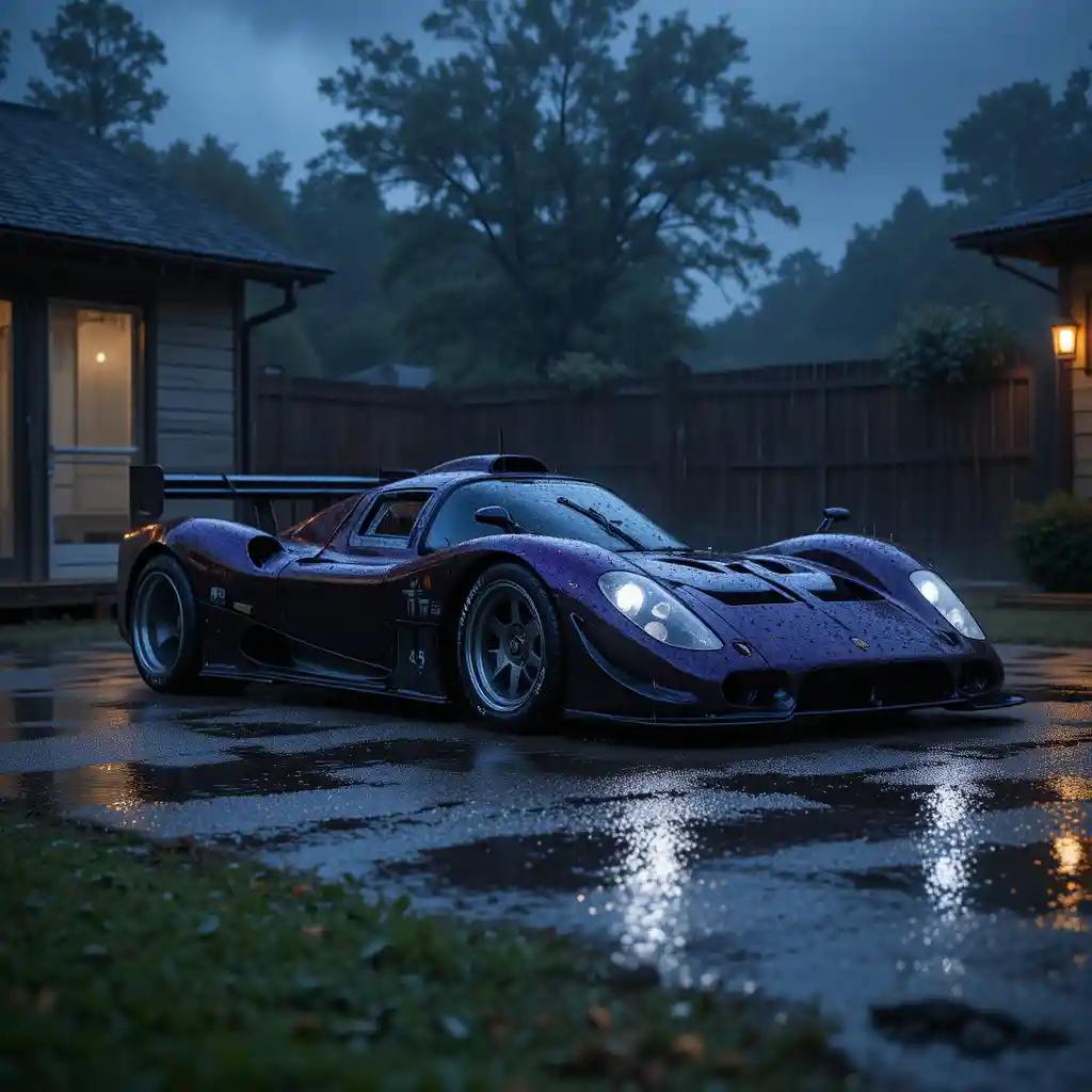 雨の夜の庭にあるダークパープルのレーシングカー