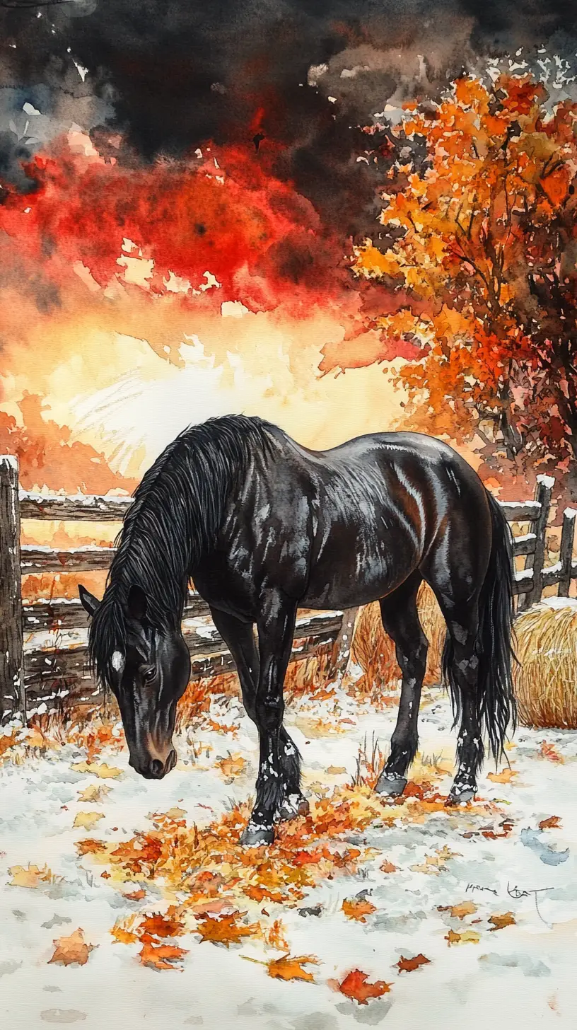 Black Horse In Frosty Farmyard At Dramatic Sunset