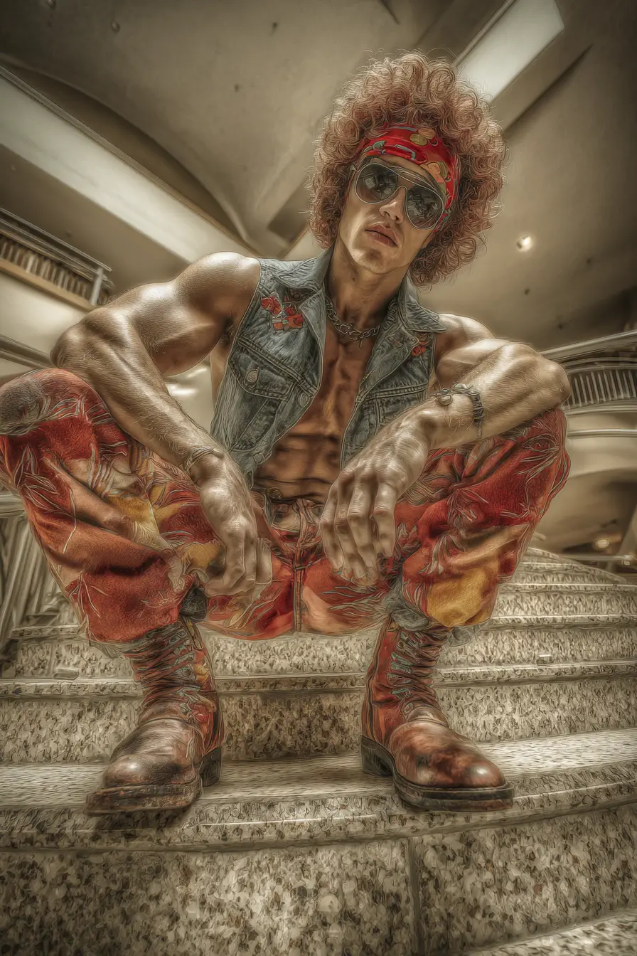 Stylish calendar man posing on mall staircase in summer sun