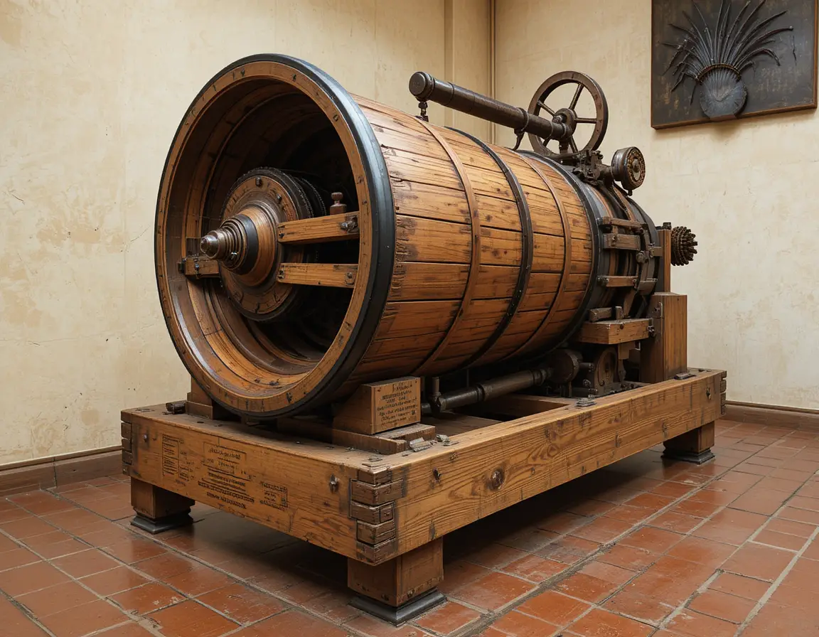 Close up of an antique wooden machine in museum display