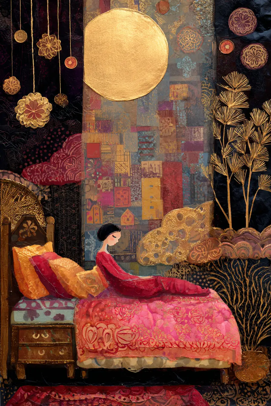 Whimsical mixed media collage of a woman in a bedroom