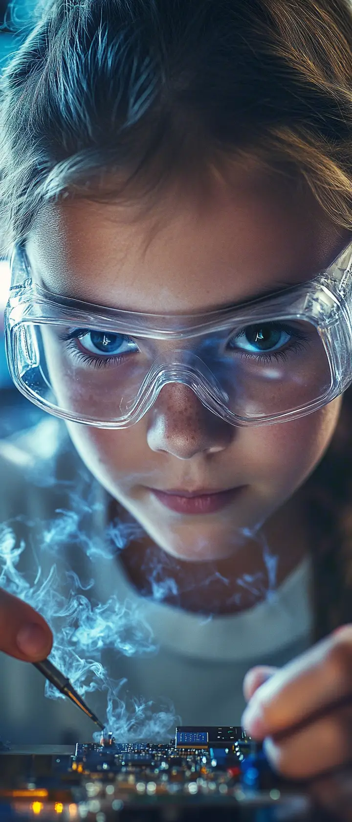Young girl soldering a circuit board in school lab