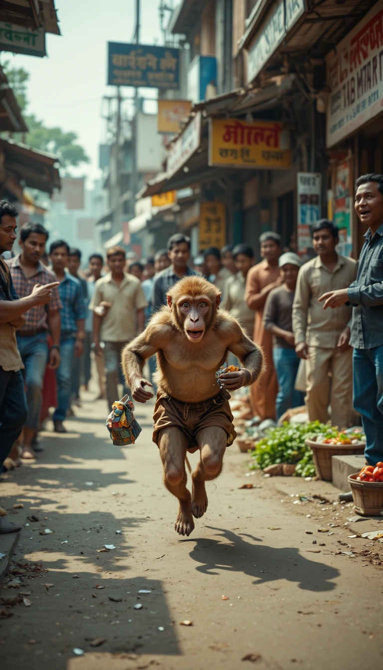 Panicked monkey fleeing a busy Indian street market