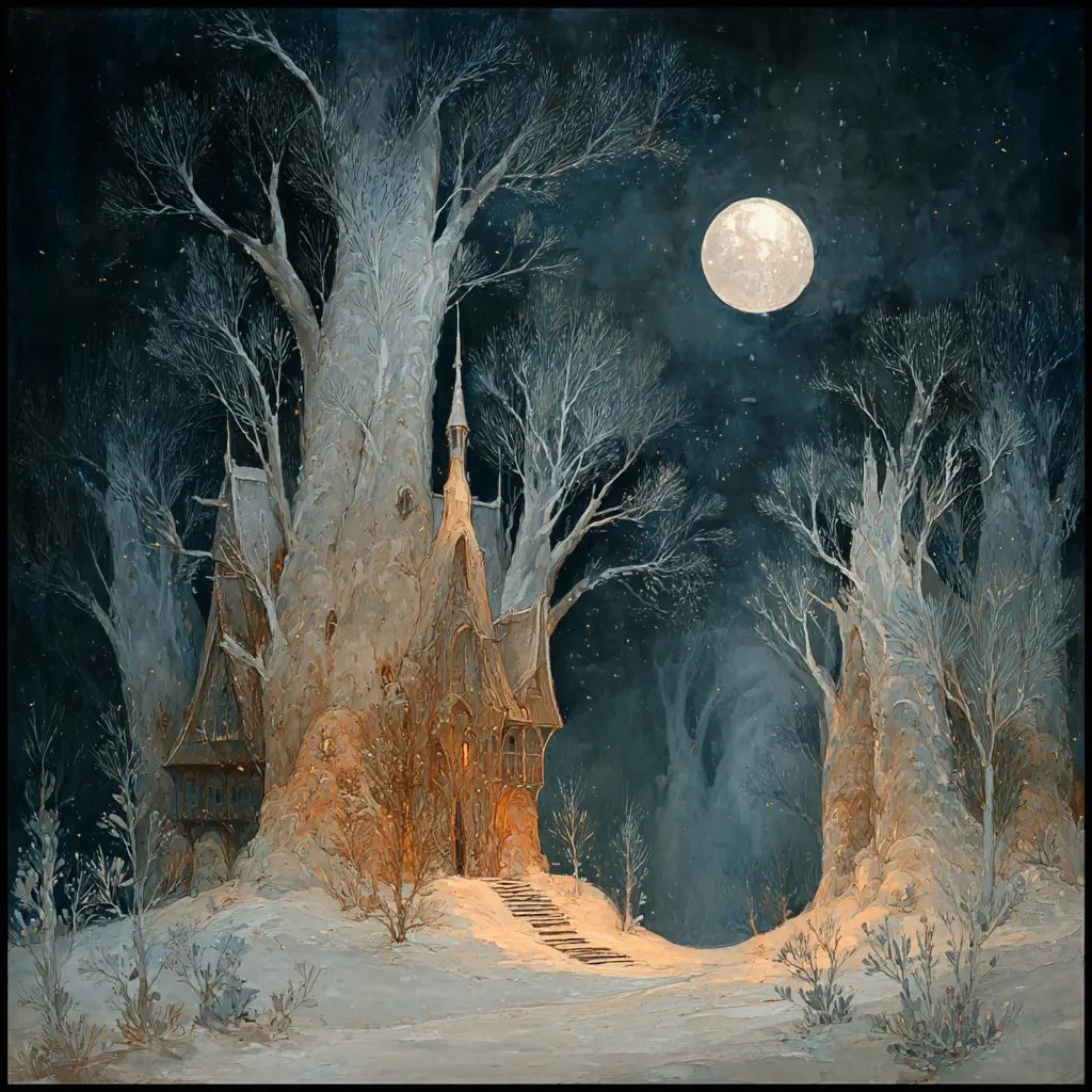 Surreal winter forest painting under a glowing full moon