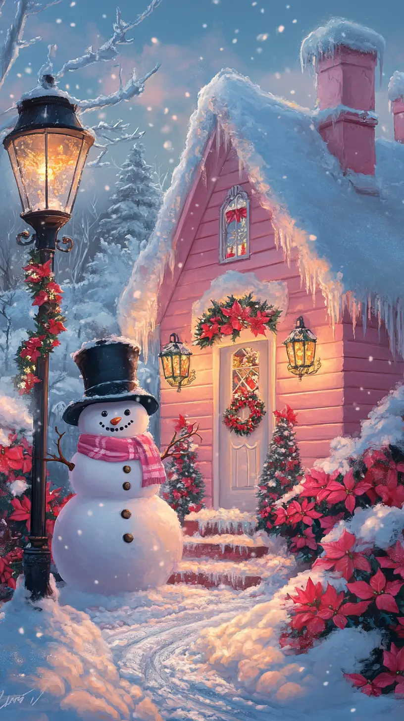Cozy pink house in a snowy winter illustration scene