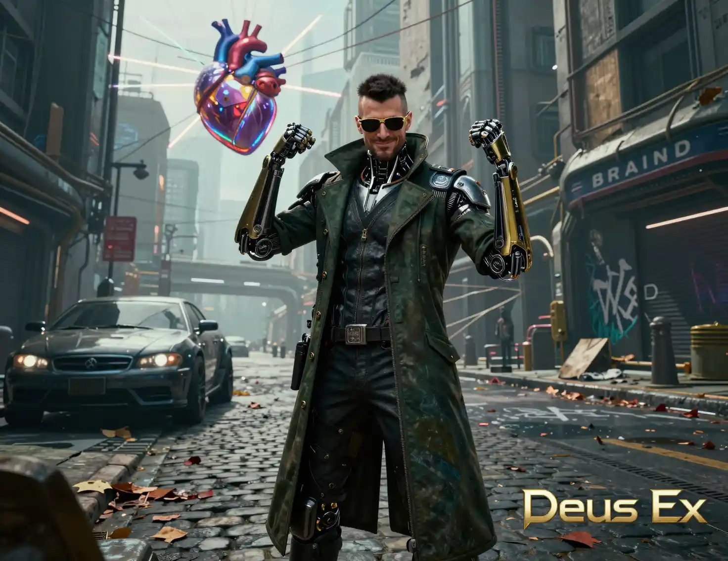 Augmented detective smiling on a futuristic cyberpunk street