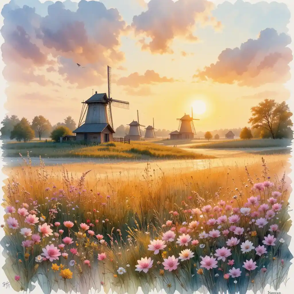 Serene November sunset over meadow with rustic windmills