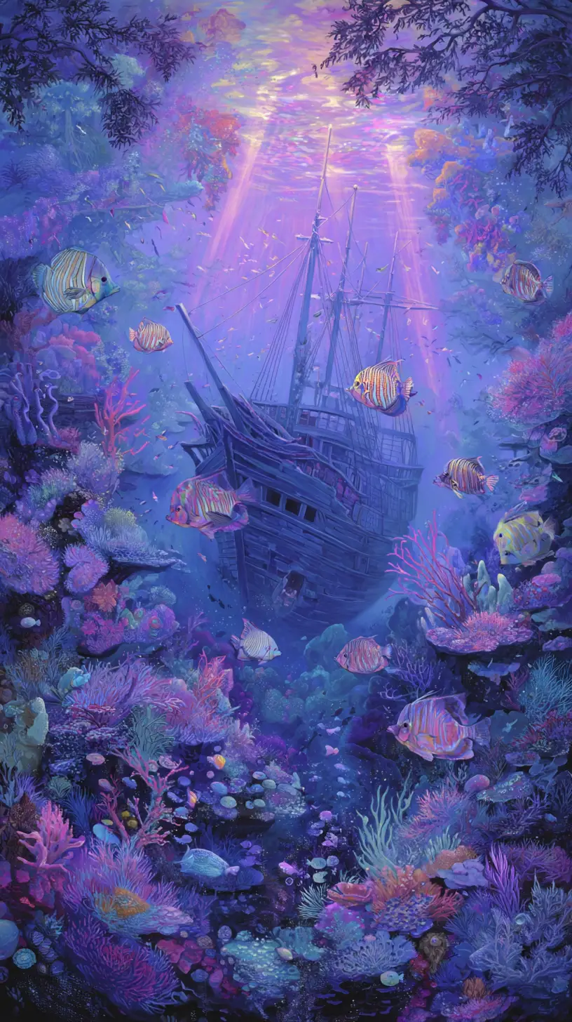 Sunken ship with glowing fish in dreamy underwater scene
