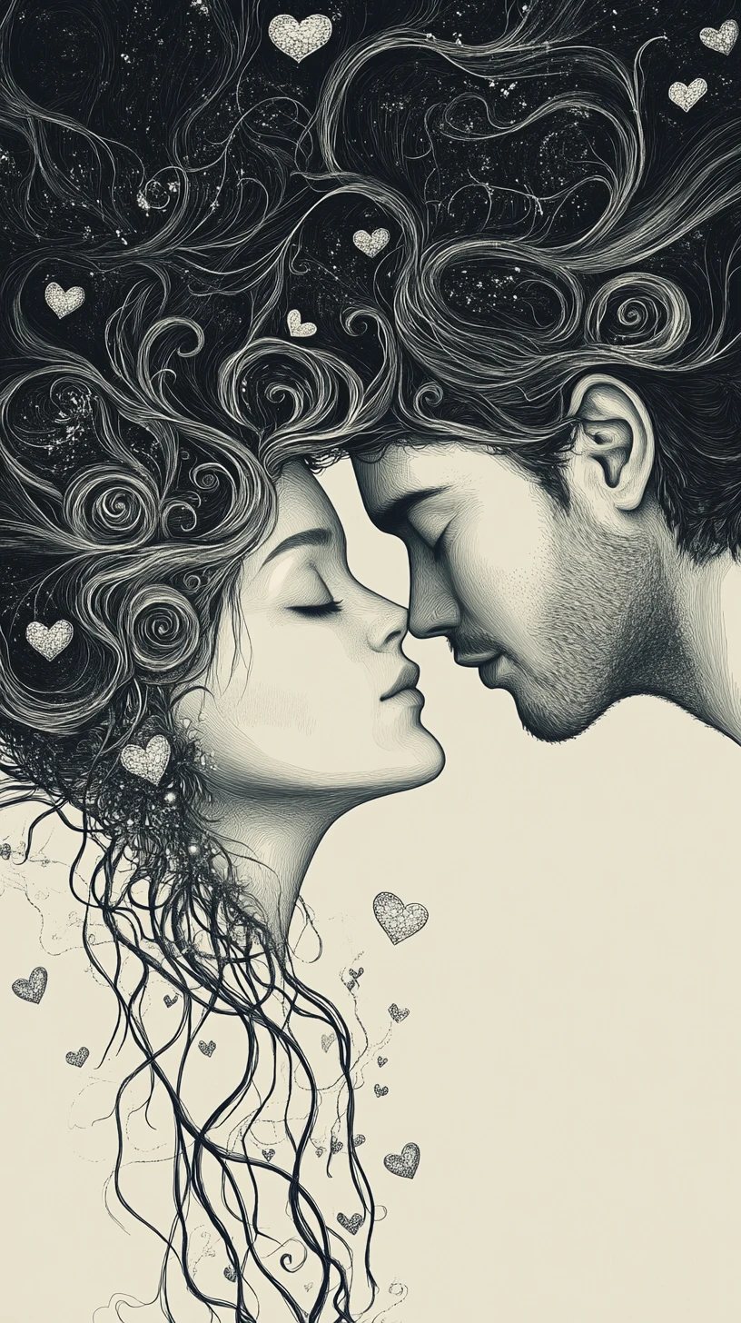Ethereal line art couple with intertwined hearts and hair