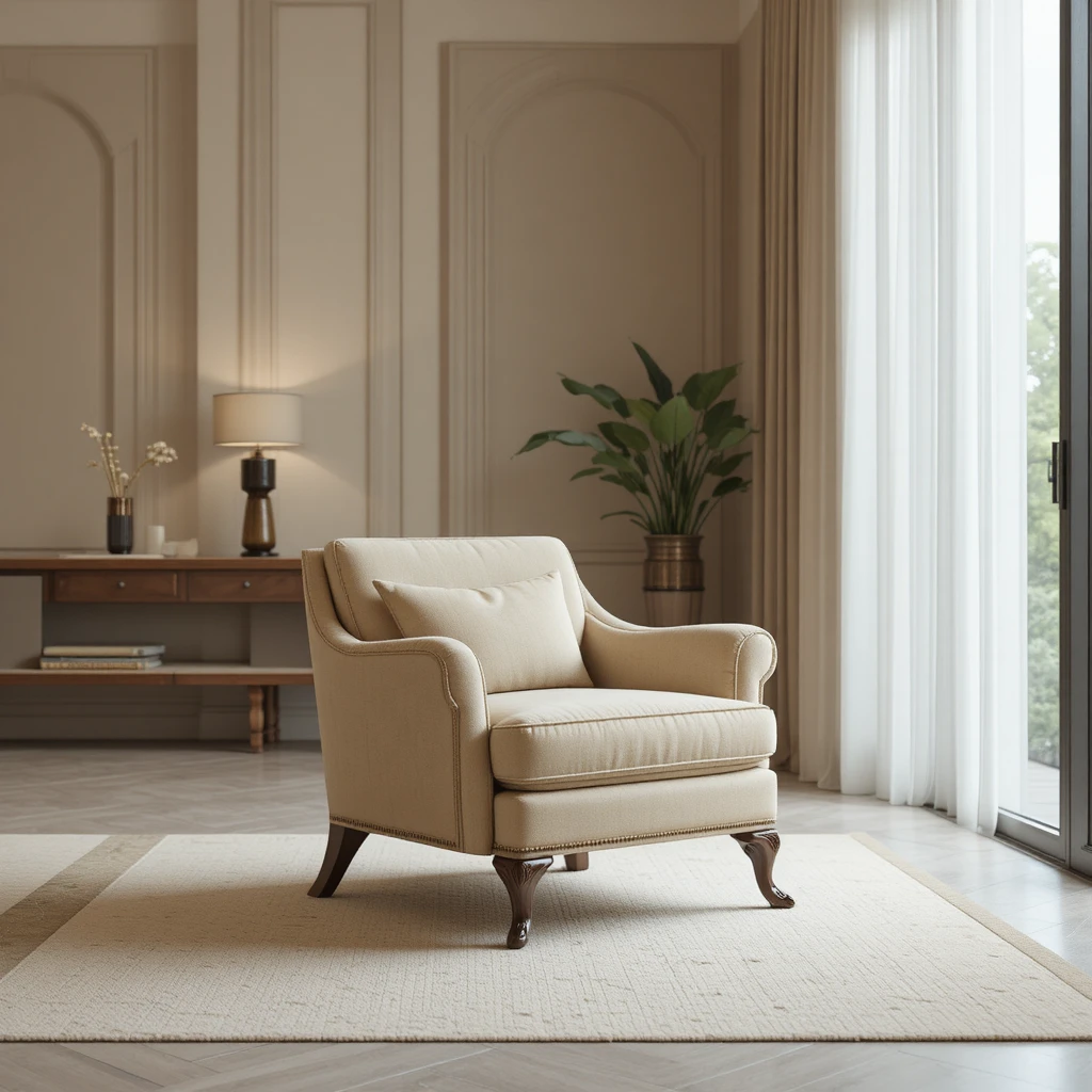 Moderner beigefarbener Sessel in einem minimalistischen Luxus-Wohnzimmer