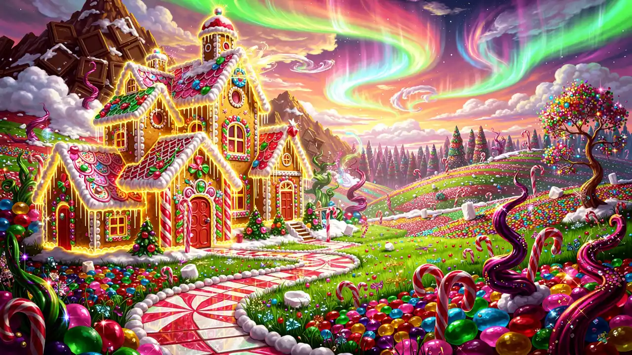 Surreal neon gingerbread city in a whimsical candyland