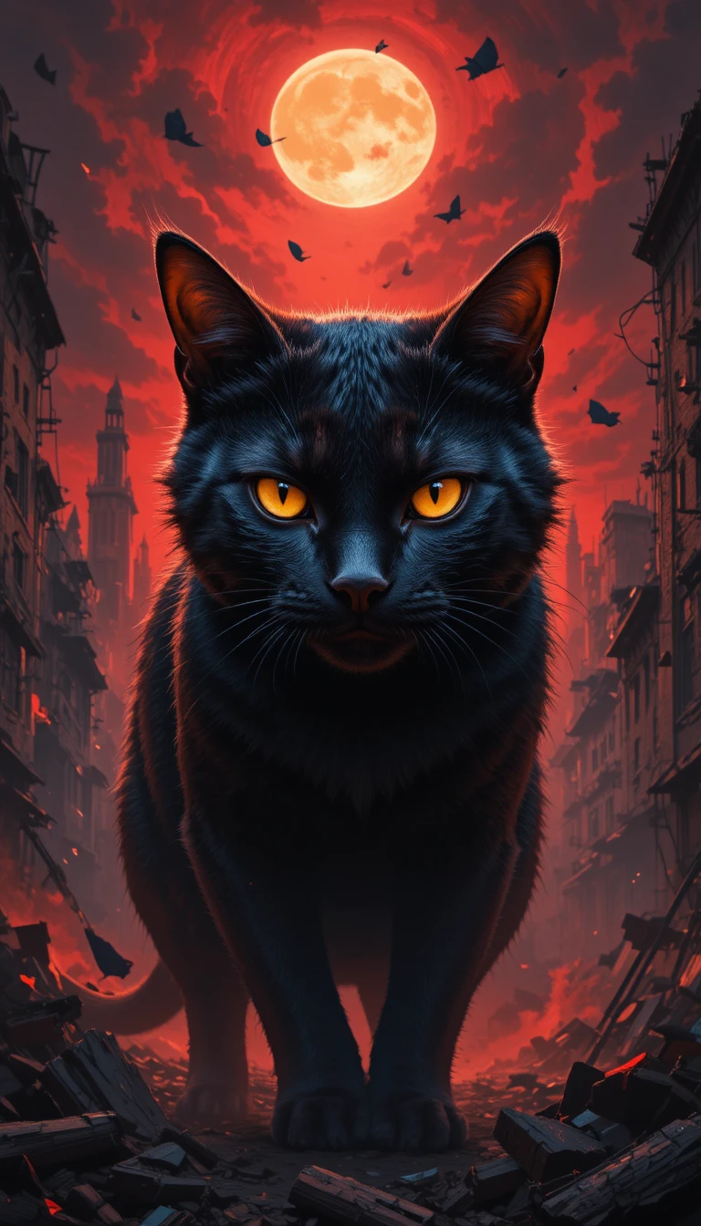 Fierce black cat in apocalyptic red sky cityscape