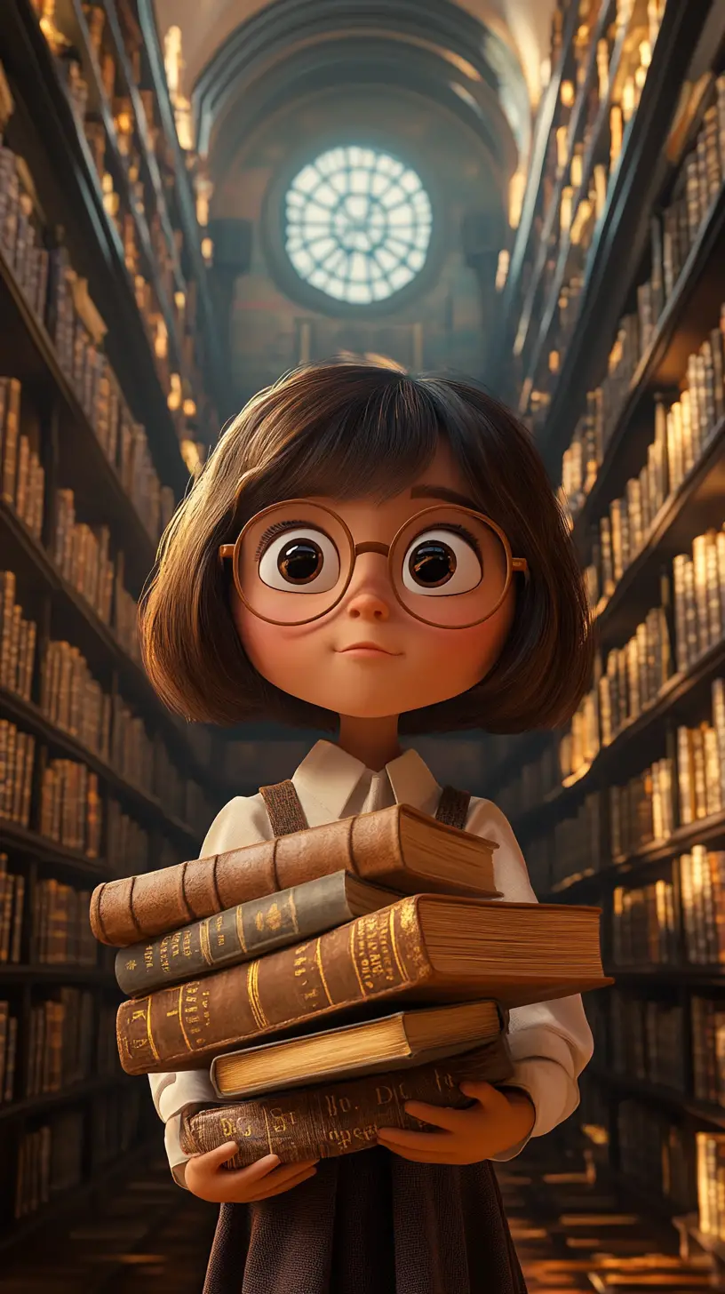 Curious girl with books in a magical 3D library