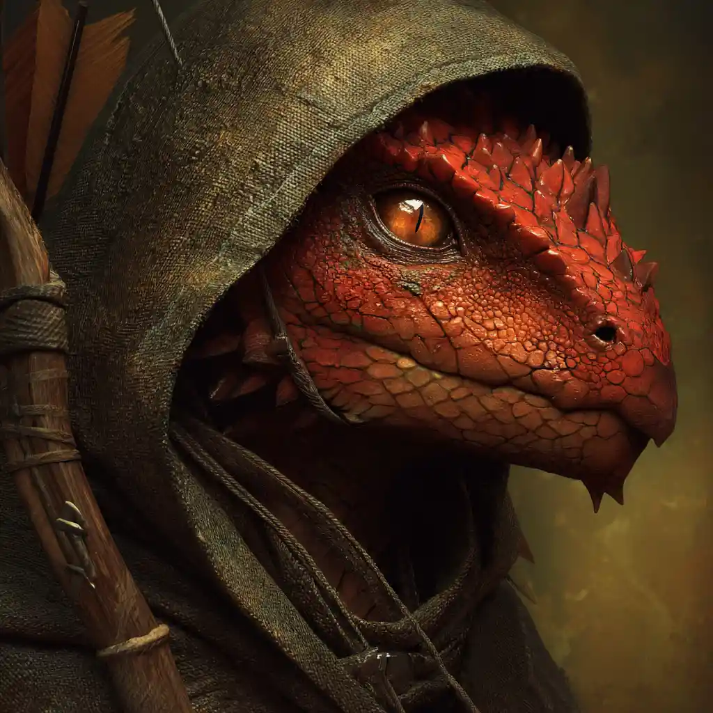 Red scaled kobold ranger with hooded cloak and bow