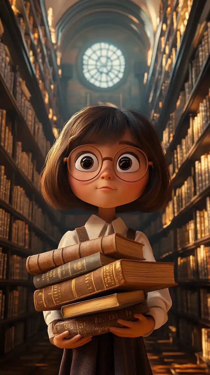 Ragazza curiosa con libri in una magica biblioteca 3D