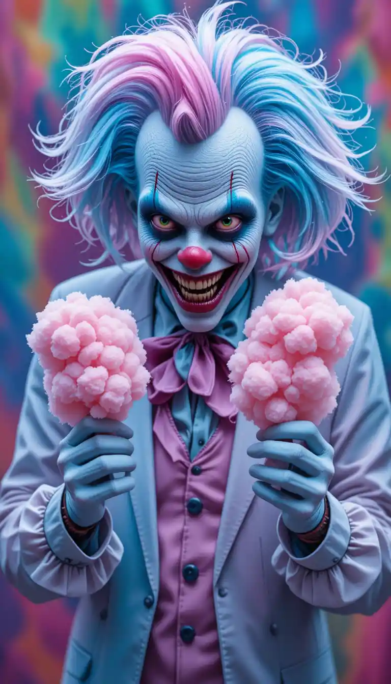 Payaso siniestro de algodón de azúcar con pelo azul y rosa