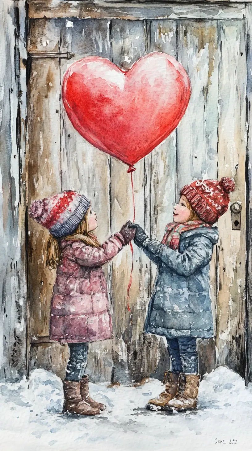 Watercolor children with red heart balloon in the snow