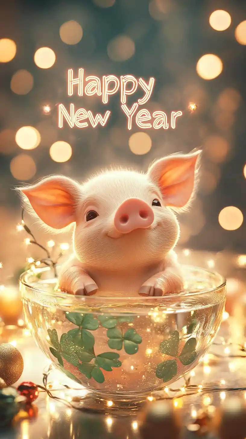 Playful piglet in champagne bath with festive lights