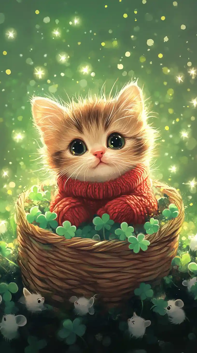 Cute kitten in red sweater sitting in clover basket