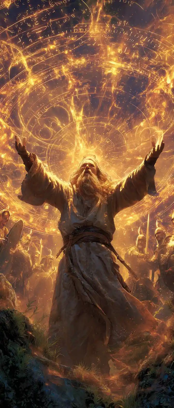 Germanic druid summoning magic within an ancient stone circle