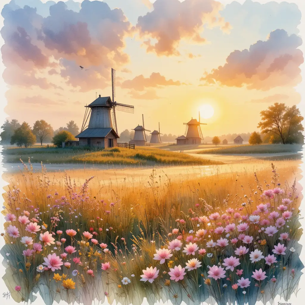 Serene November sunset over meadow with rustic windmills