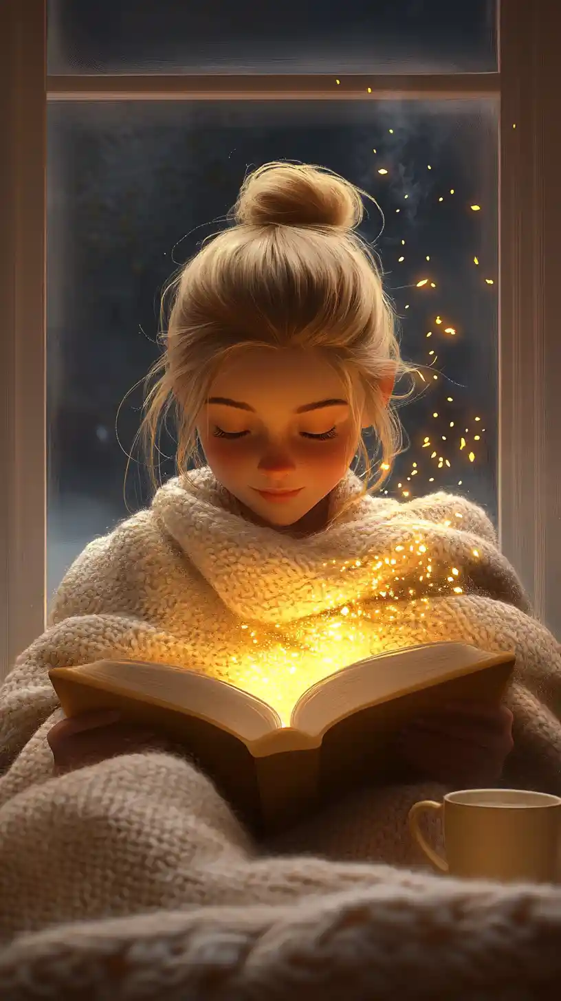 Joven leyendo junto a una ventana con un libro mágico y brillante