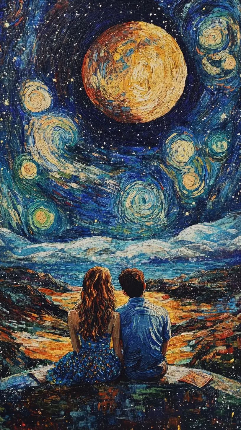 Dreaming girl couple on a city rooftop under moonlight