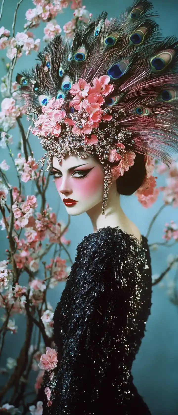 Elegant couture woman in peacock gown with pink headdress