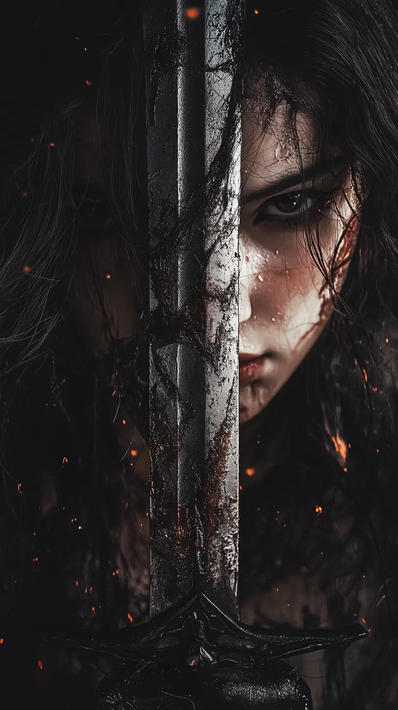 Broken warrior woman standing beaten black and blue