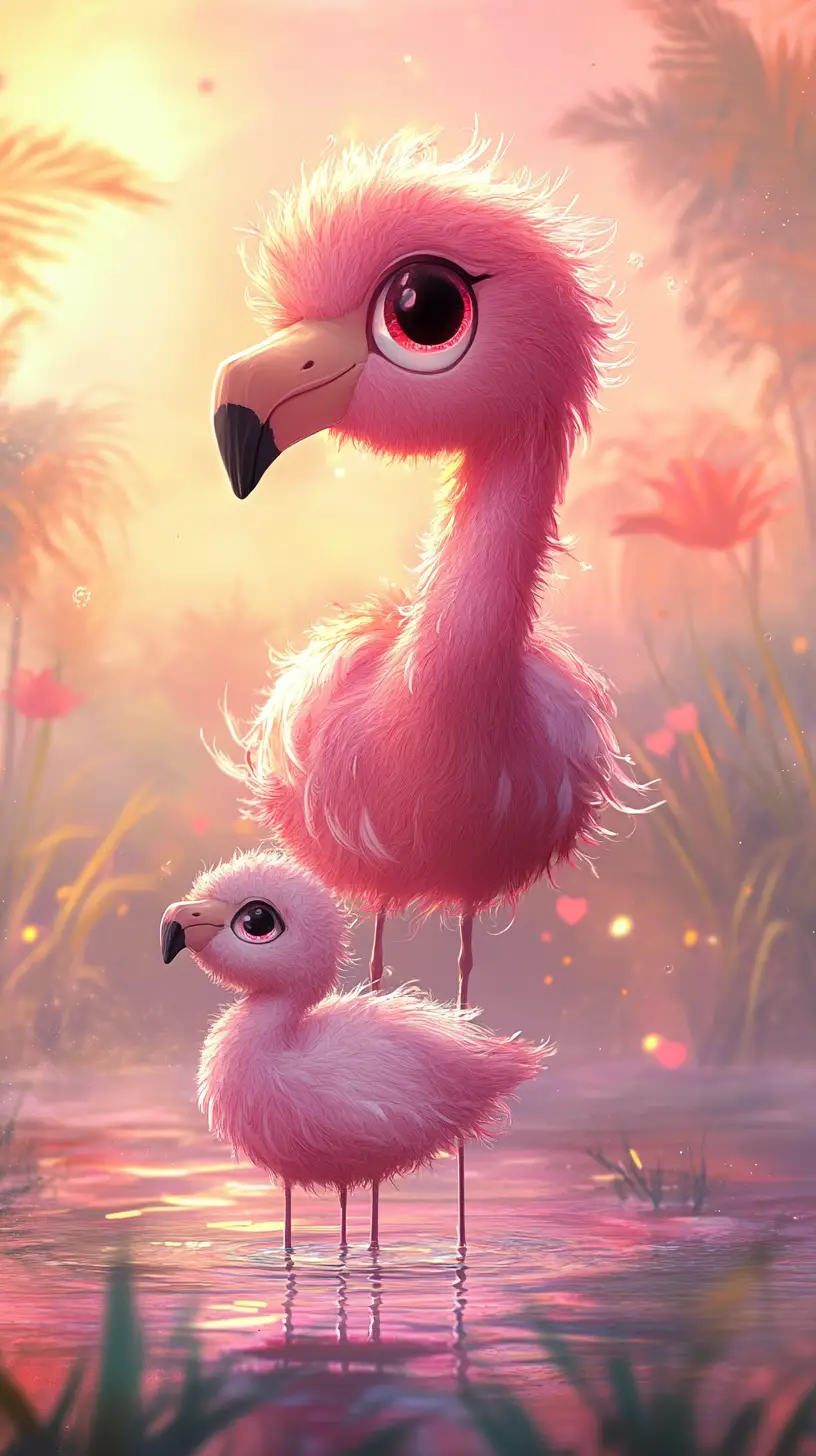 Kawaii flamingo mother with chick at dreamy tropical sunset