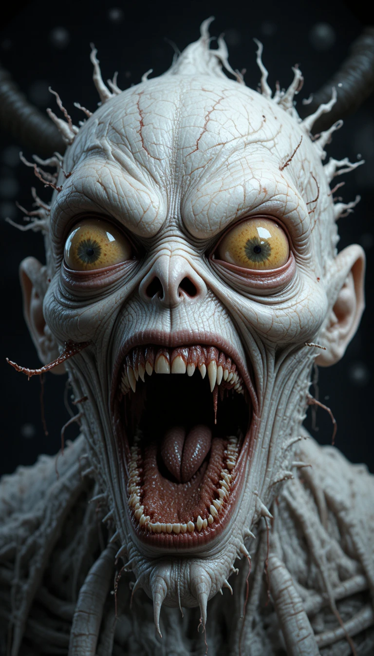 Grotesque CGI Monster With Bulging Eyes And Bloody Teeth