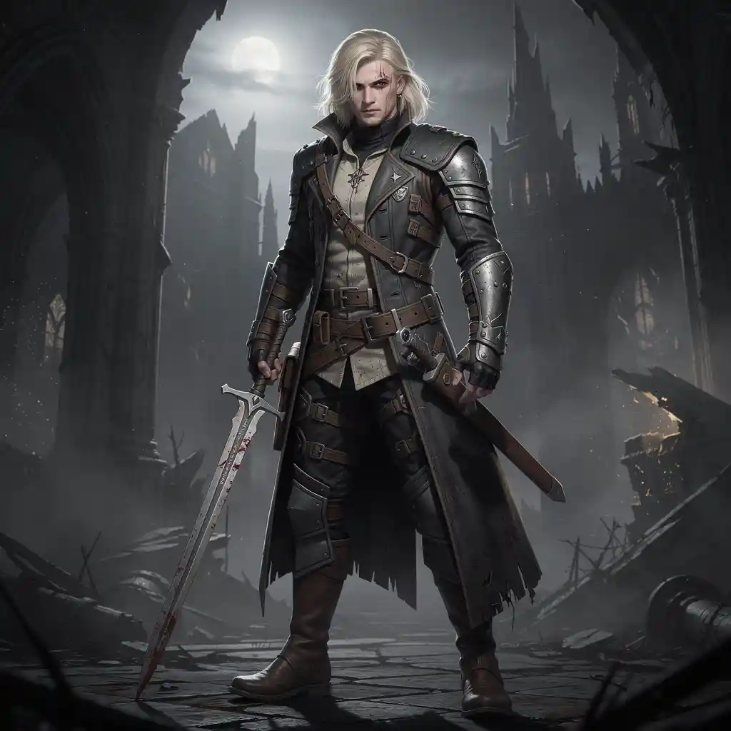 Guerrière dark fantasy avec épée longue et manteau de cuir