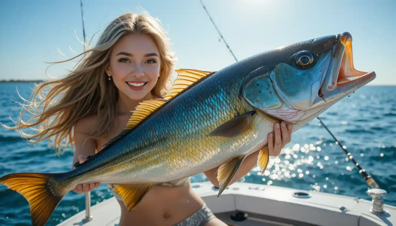 Young woman fishing from a modern boat on clear water