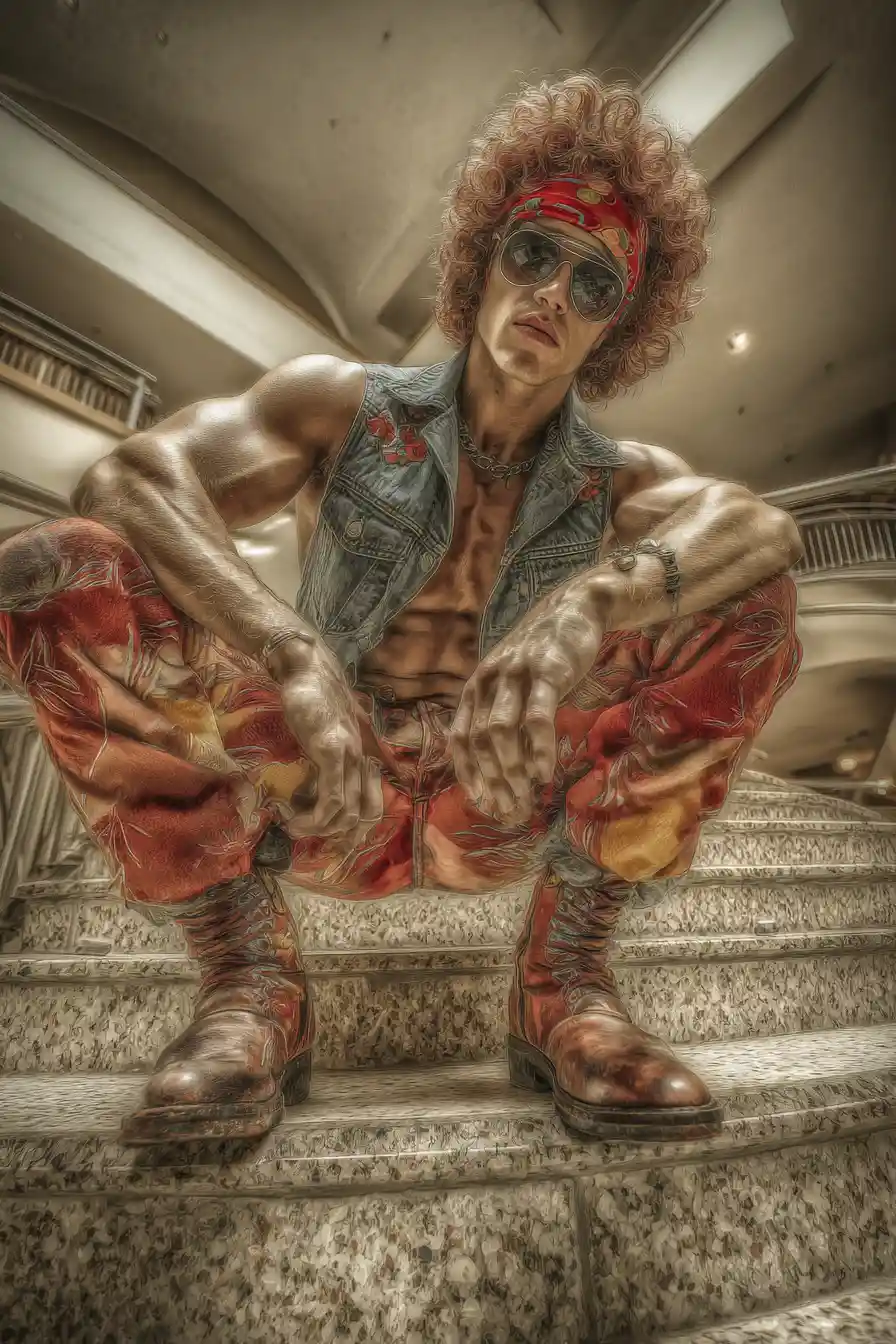Stylish calendar man posing on mall staircase in summer sun