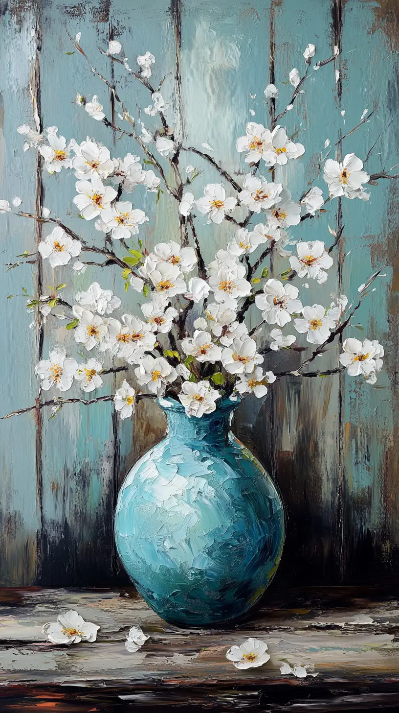 White cherry blossoms in turquoise vase still life painting