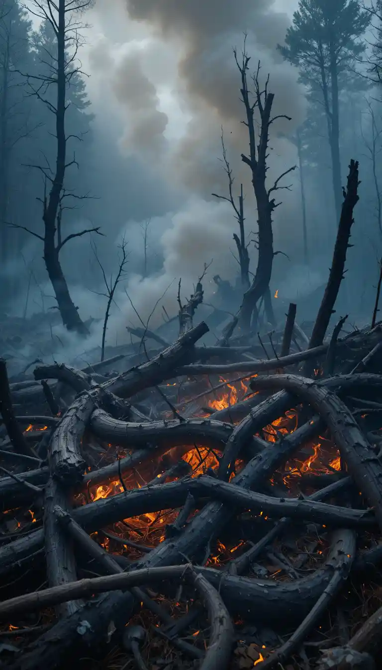 Raging forest wildfire with charred trees and glowing embers