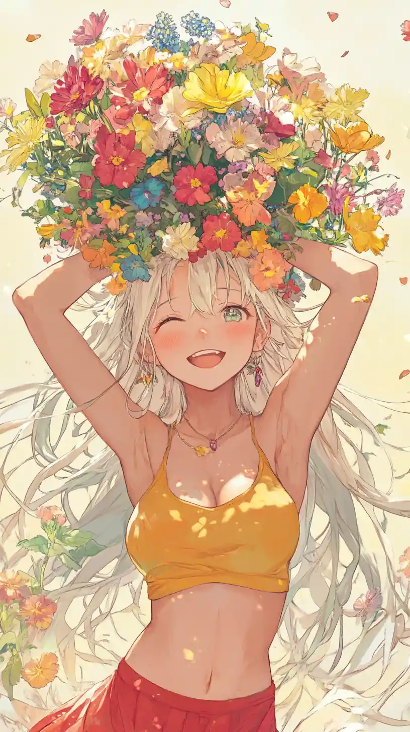 Anime girl balancing colorful flowers on her head