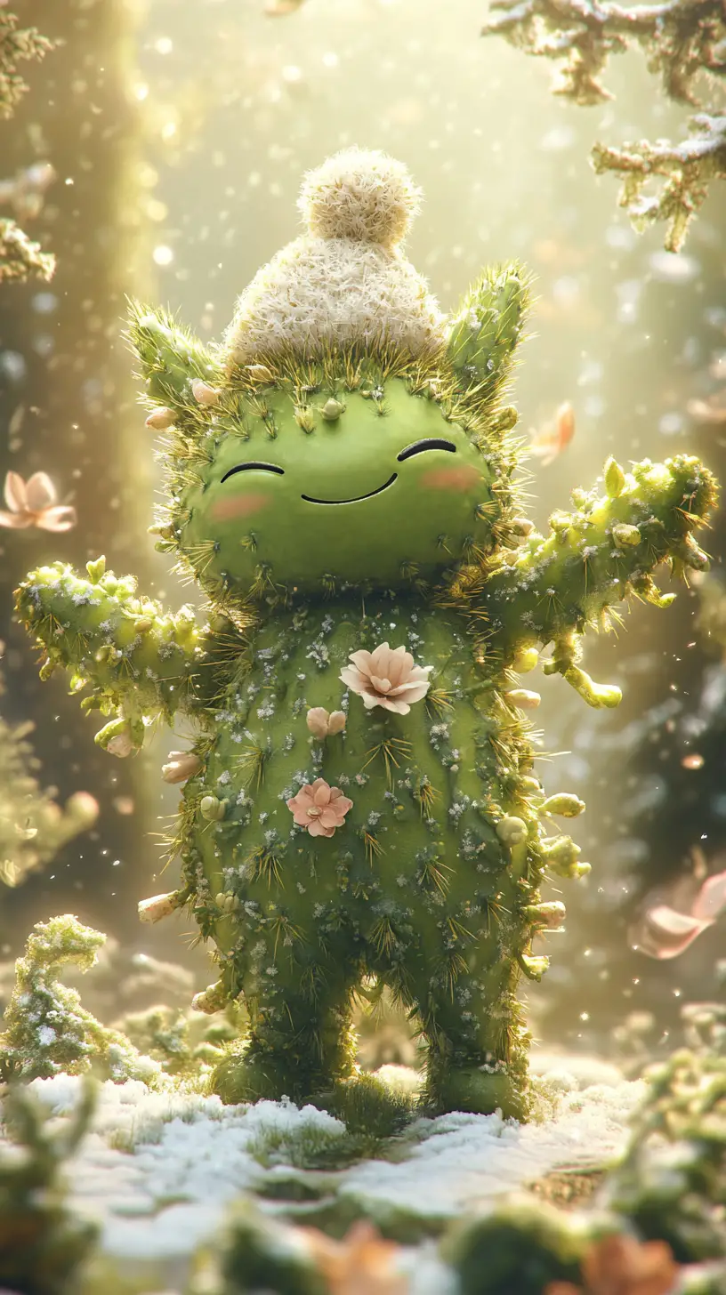 Cheerful Green Cactus In A Winter Mountain Forest