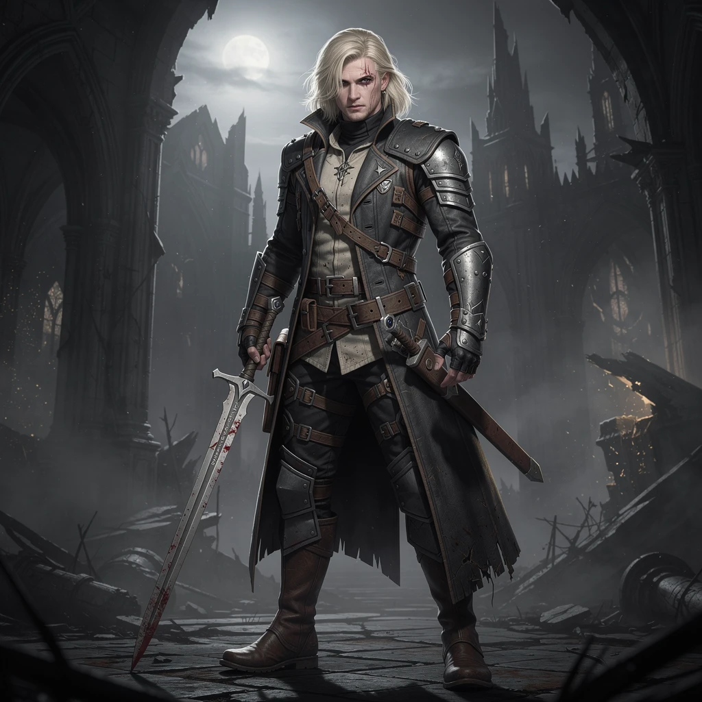 Guerrière dark fantasy avec épée longue et manteau de cuir