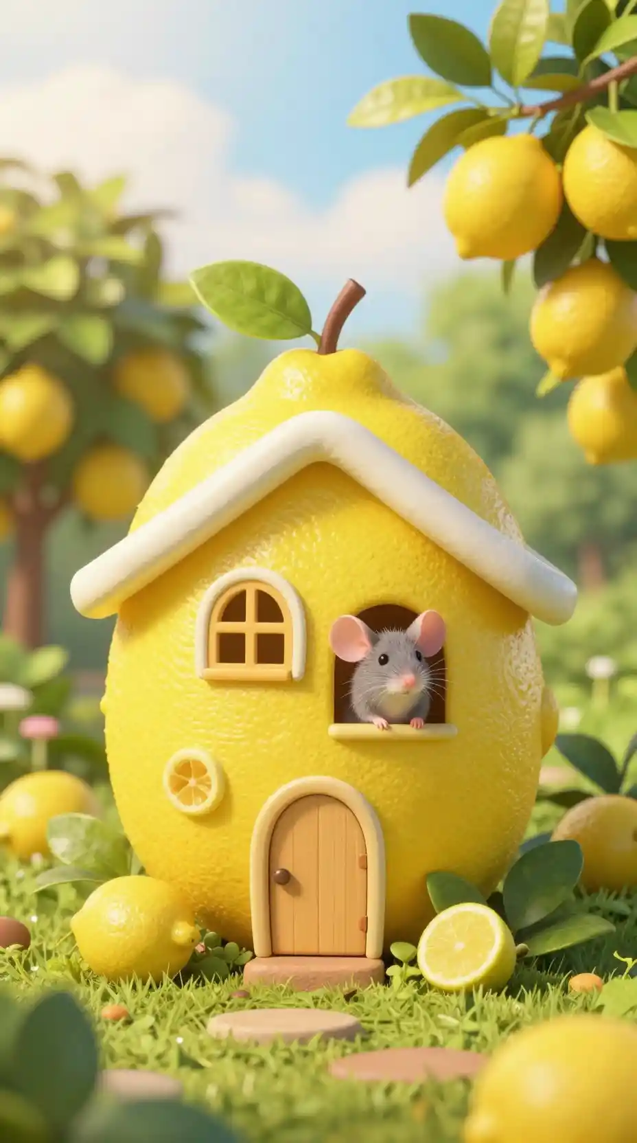 Whimsical mouse living in a bright yellow lemon house