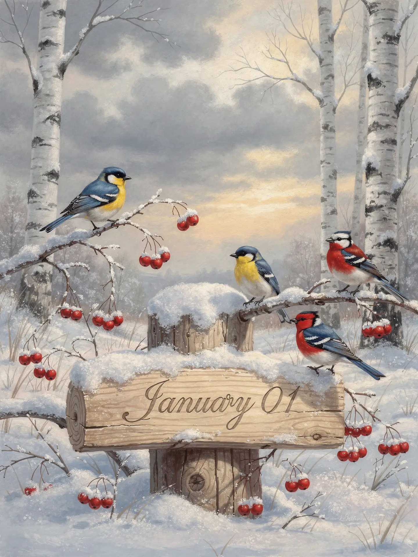 January calendar with birds and berries in snowy forest