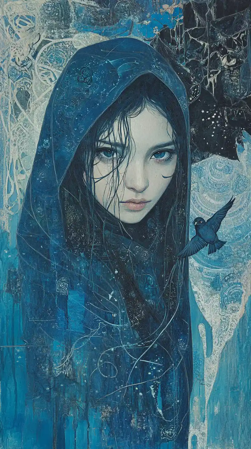 Hooded woman with owl in blue abstract fantasy world