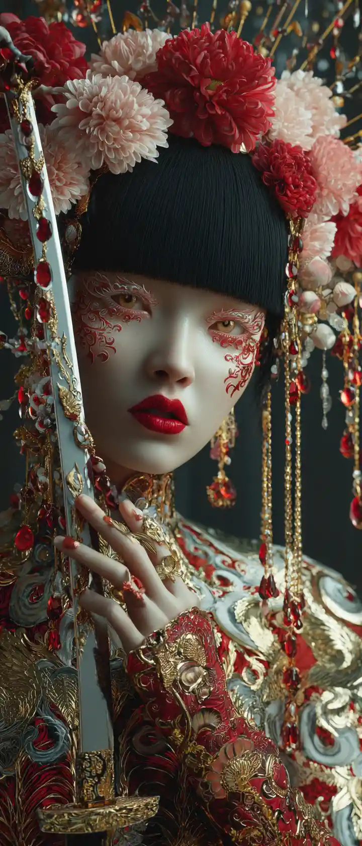 Ornate East Asian Warrior Woman With Ceremonial Elegance