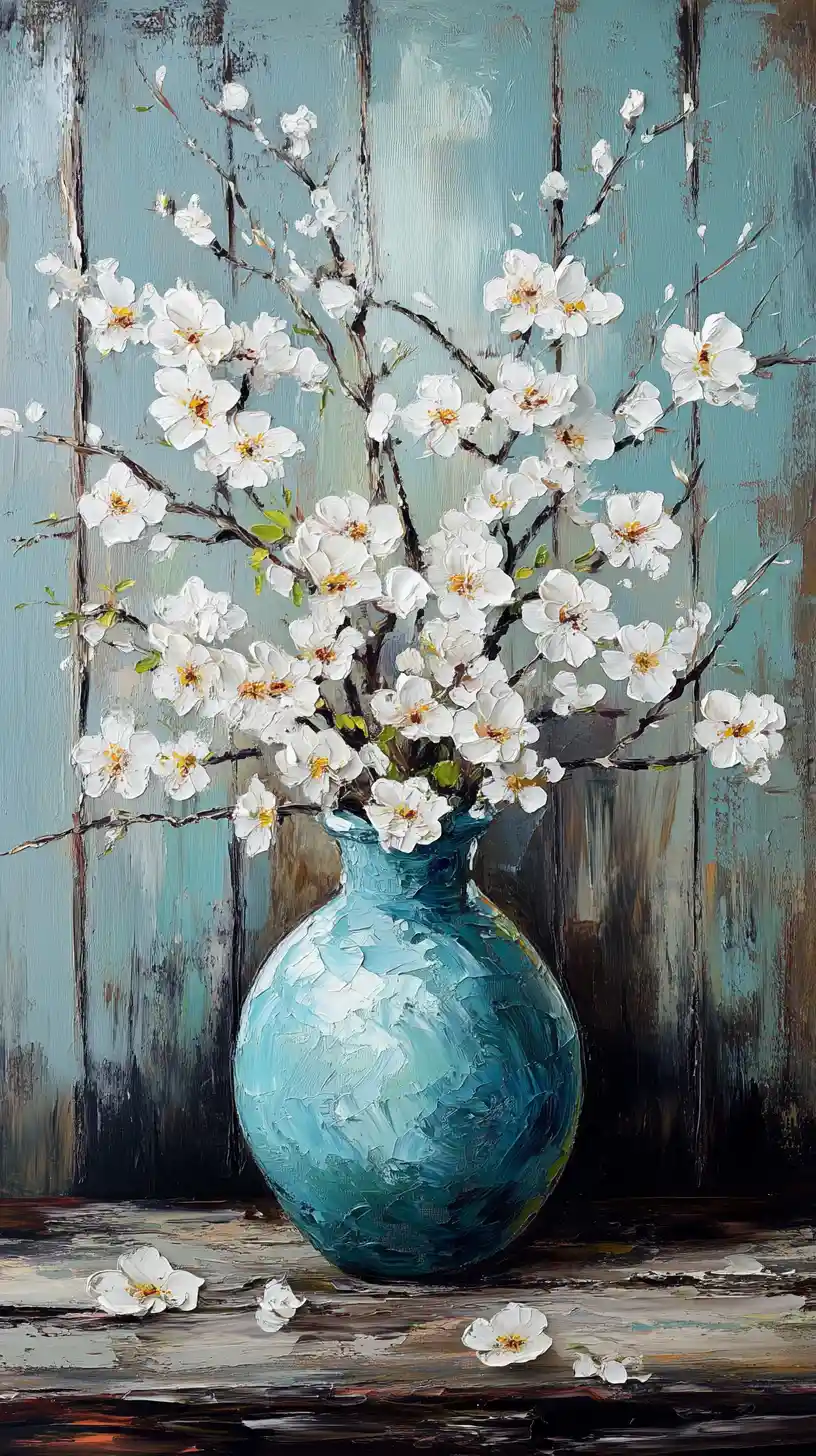 ターコイズの花瓶に生けられた白い桜の静物画