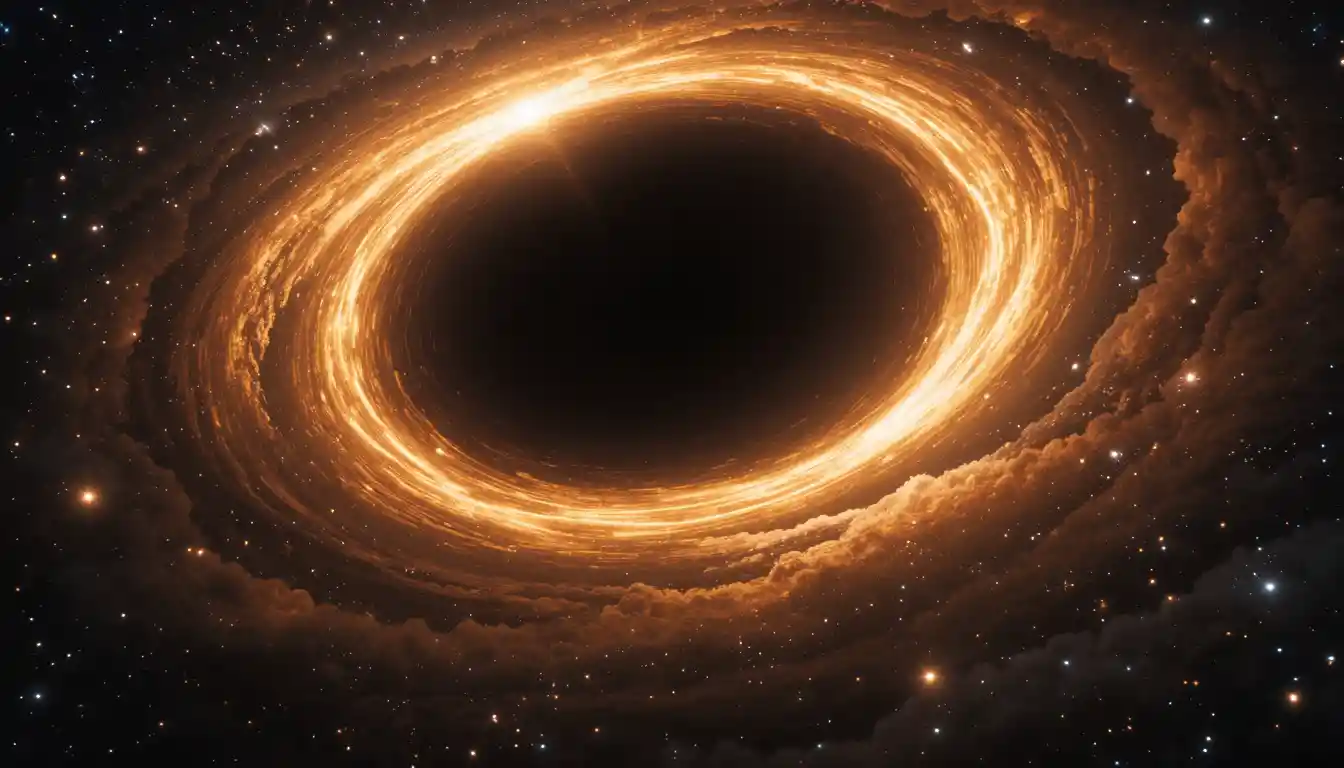 Buco nero cinematografico con disco di accrescimento dorato e luminoso