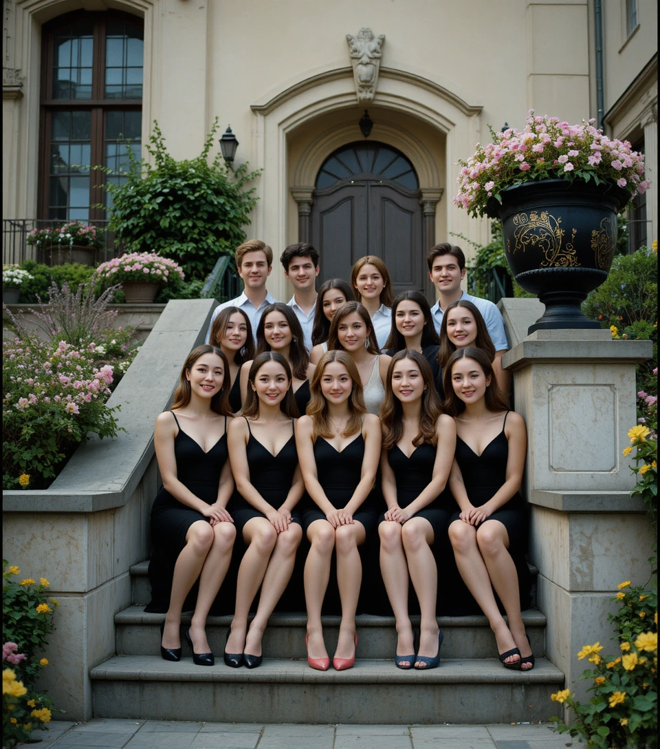 Group of young adults posing on outdoor stone stairs