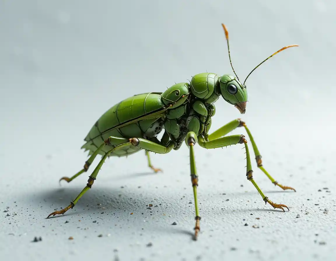 Green praying mantis on textured white background in profile