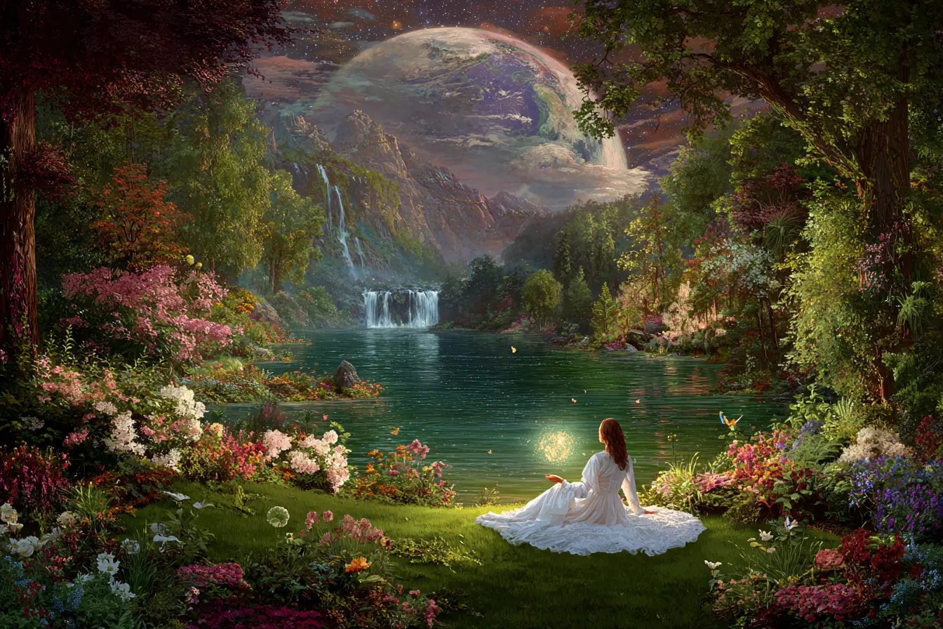 Woman meditating by a magical lakeside with glowing earth