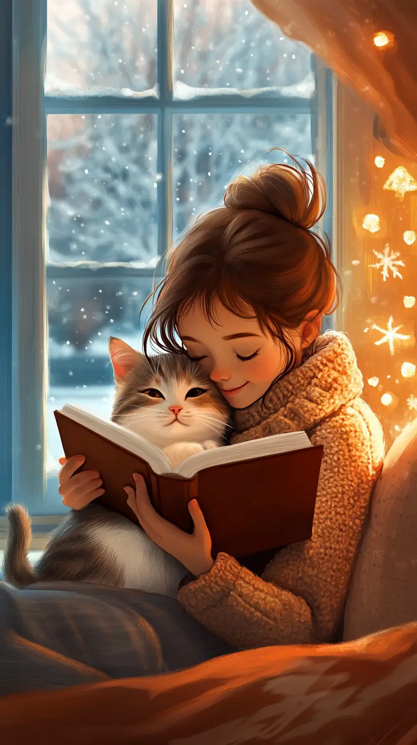 Cute girl reading by the window with her cat