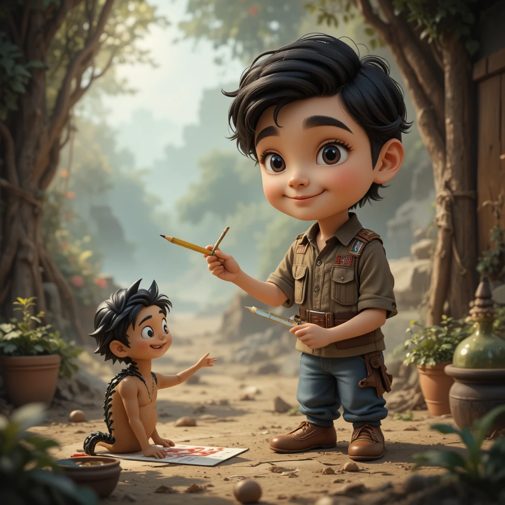 Young boy drawing with a magical pencil in his room